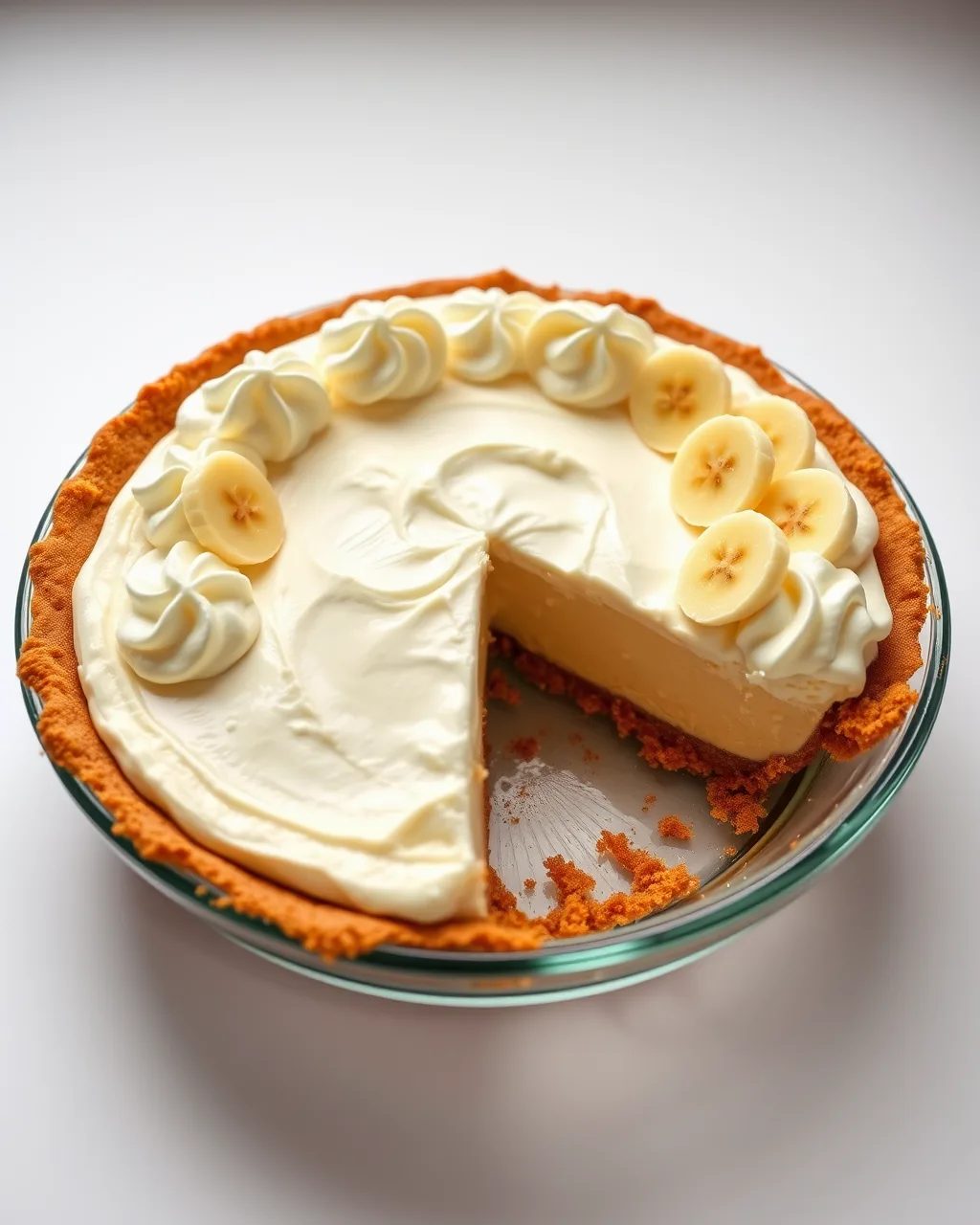 A slice of banana cream pie on a plate