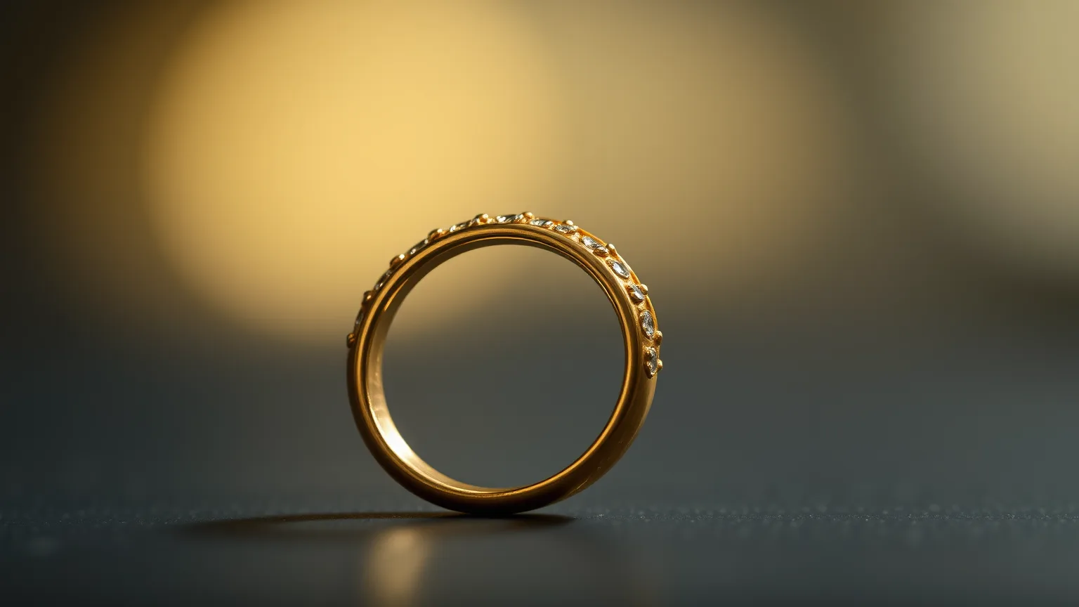 Two gold wedding rings resting on a dark surface