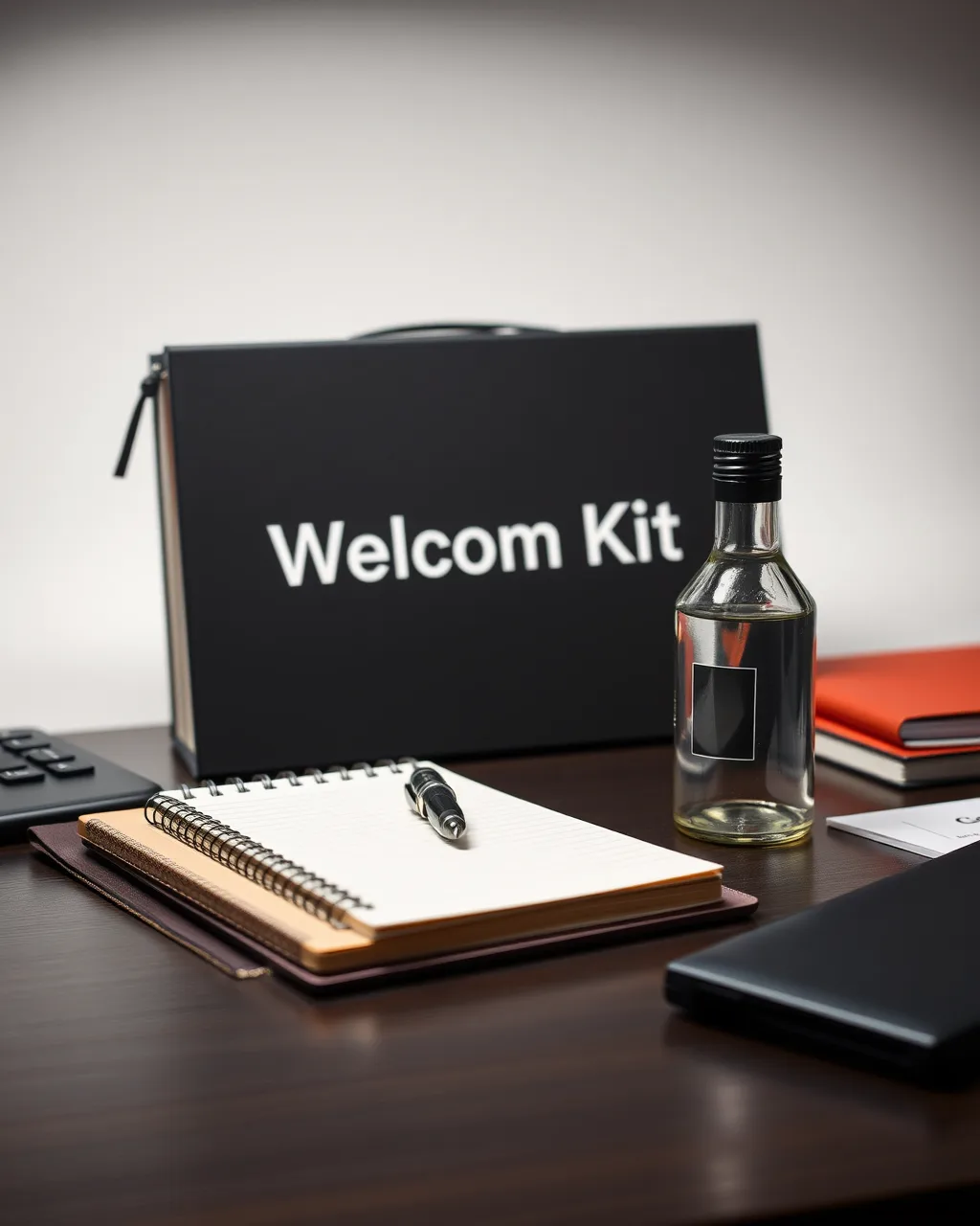 A professional welcome kit with notebook, pen, and bottle on a desk