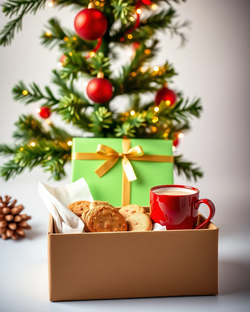 A Christmas gift box with cookies, hot chocolate, and a red mug under a tree