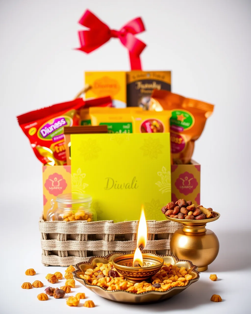 A vibrant Diwali hamper with sweets, dry fruits, and a brass diya