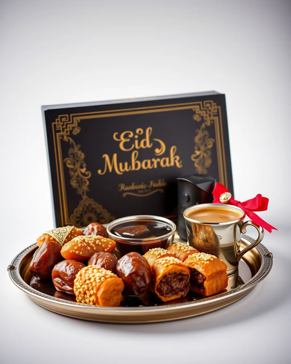 An Eid Mubarak hamper with dates, baklava, and Arabic coffee on a tray