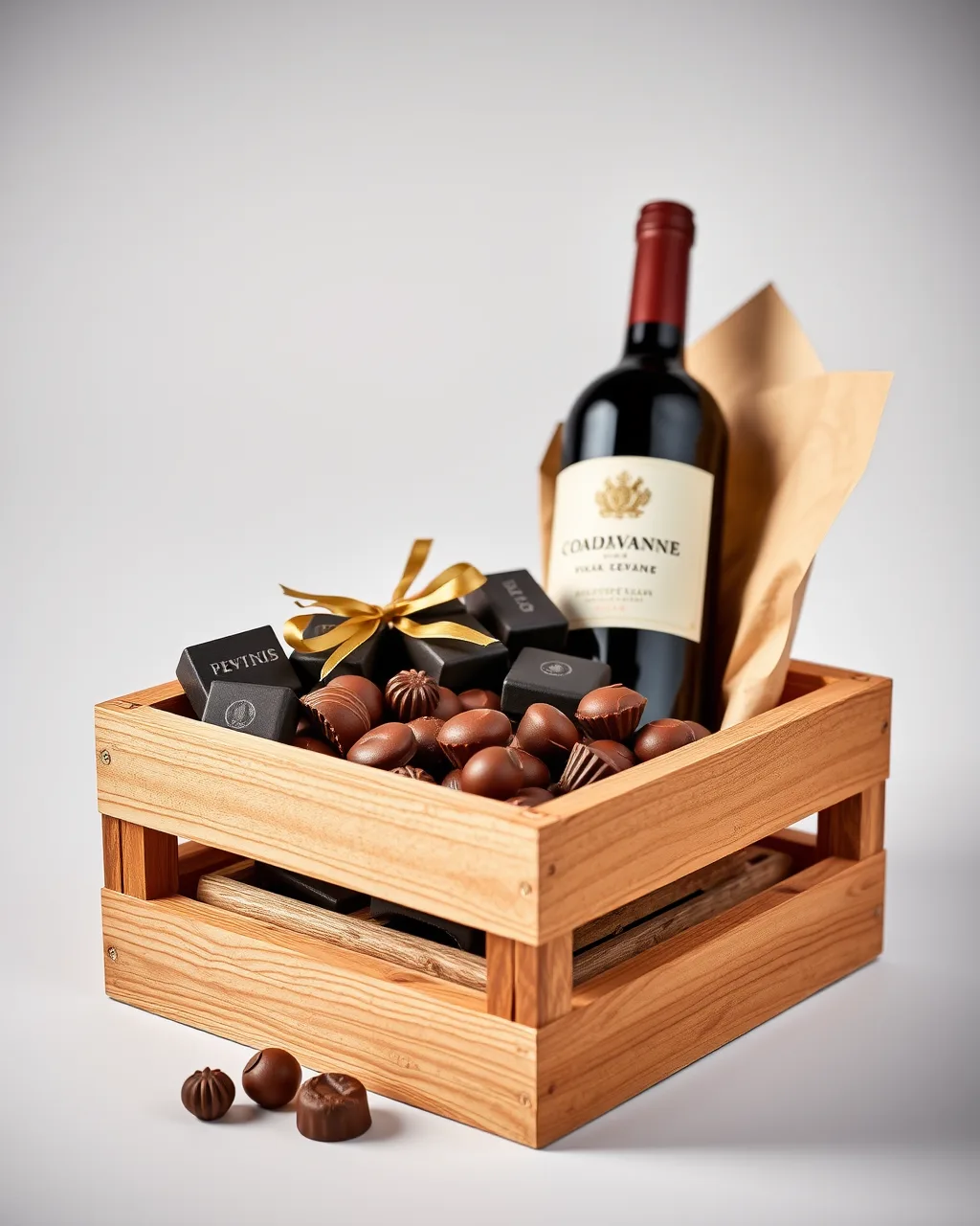 A wooden crate with chocolates and a wine bottle wrapped in paper