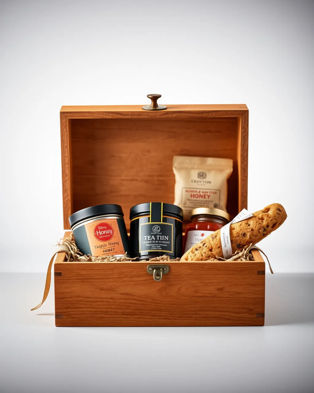 A wooden gift box opened to reveal tea tins, honey, and biscotti
