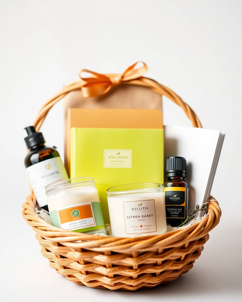 A wellness gift hamper with essential oils, candle, and journal in a basket