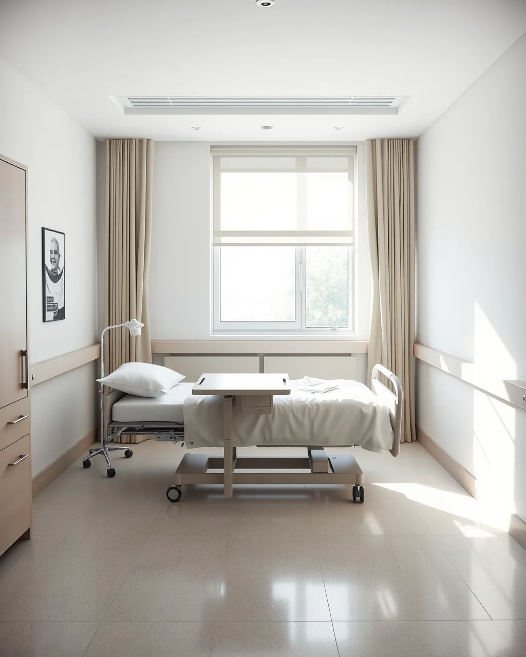 Sunlit hospital room with clean beds and patient monitoring equipment