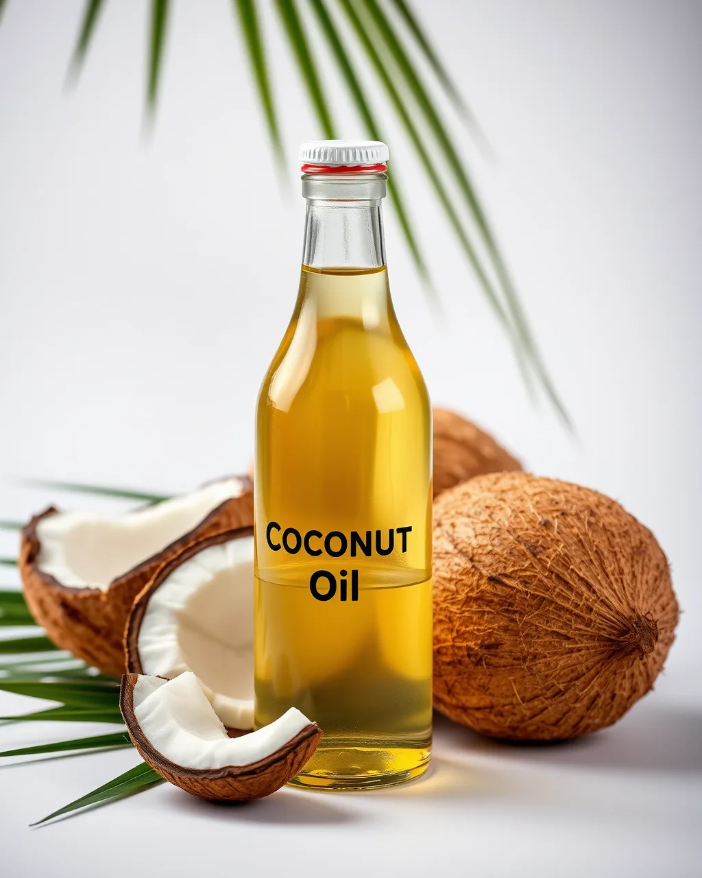 Clear glass bottle of pure golden cooking oil on a warm table