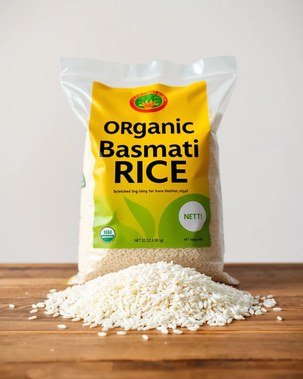 Premium long-grain basmati rice spilled on a warm wooden surface