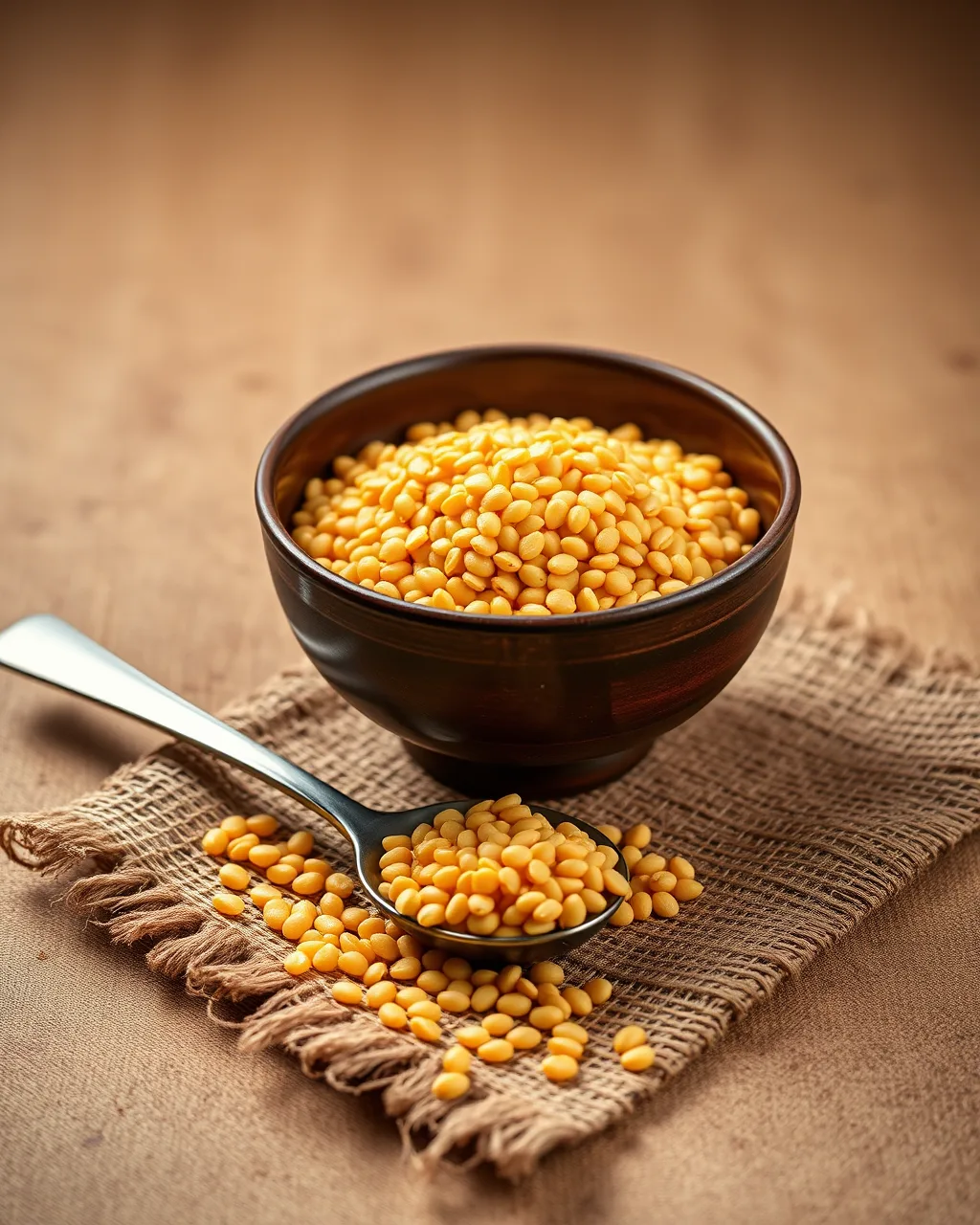 Unpolished yellow split pigeon peas in a traditional bowl