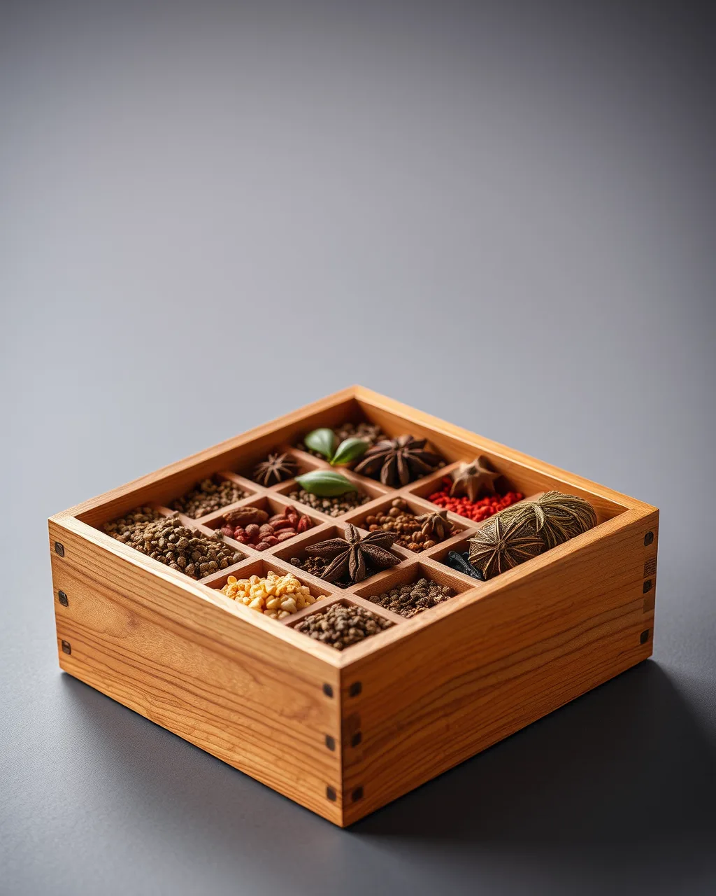 A beautiful presentation of whole spices laid out on a kitchen table