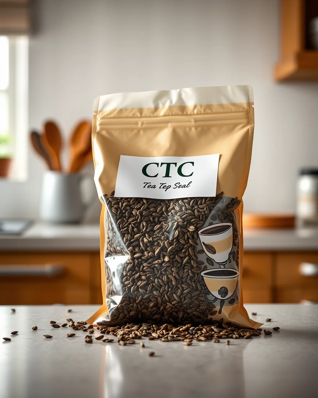 Rich dark Assam tea leaves on a warm rustic kitchen counter