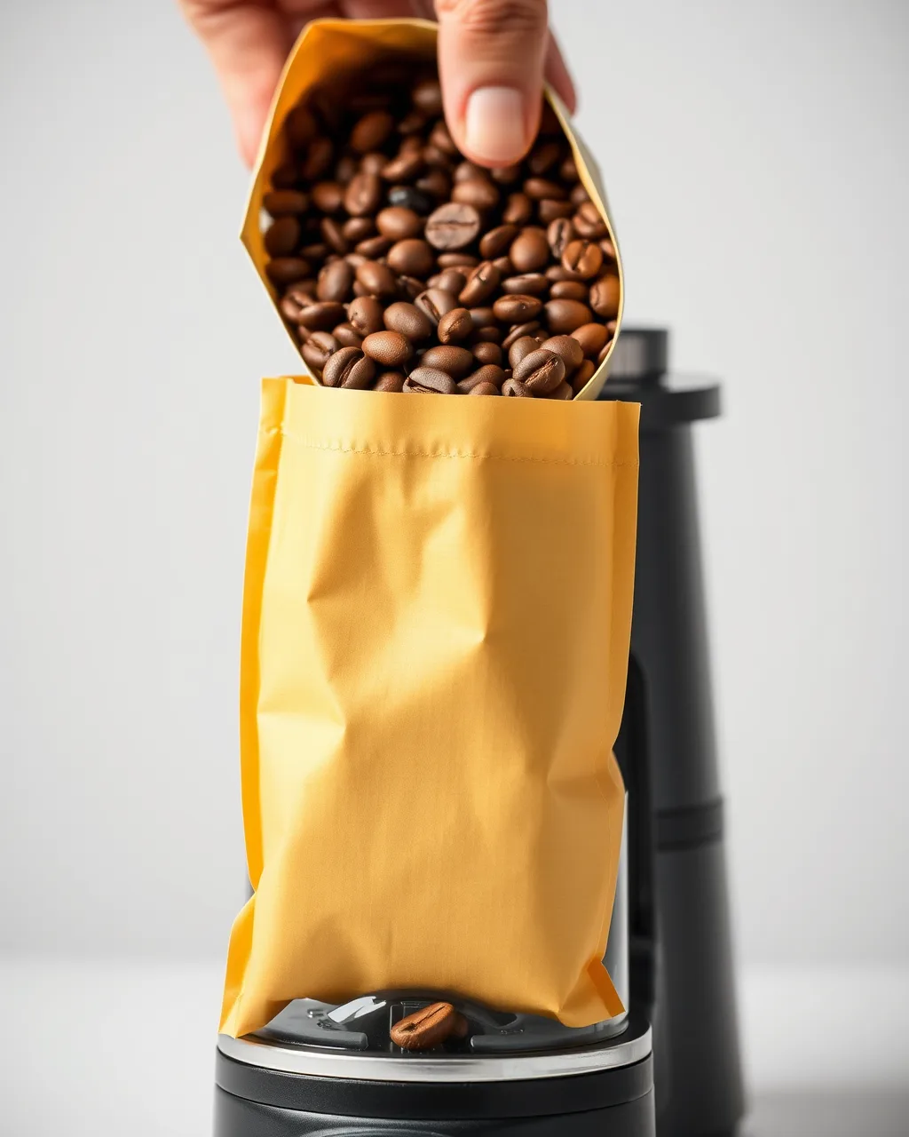 Medium roast coffee beans being scooped on a wooden counter